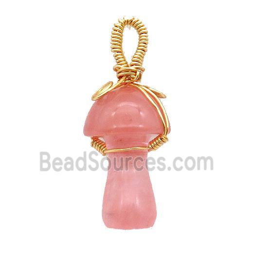 Synthetic Watermelon Quartz Mushroom Pendant Wire Wrapped Pink