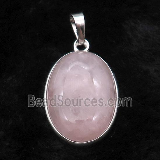 Pink Rose Quartz Oval Pendant Platinum Plated