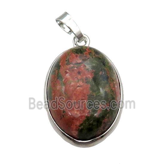 Unakite Oval Pendant Platinum Plated