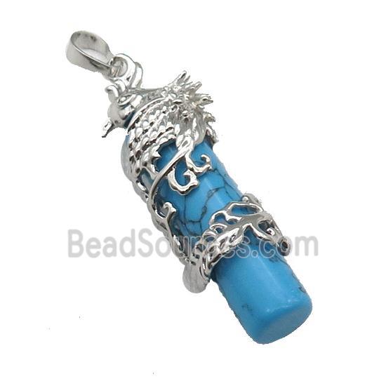 Blue Synthetic Turquoise Column Pendant Phenix Platinum Plated