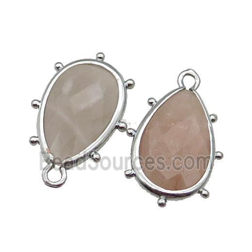 Peach Sunstone Teardrop Pendant Faceted Platinum Plated