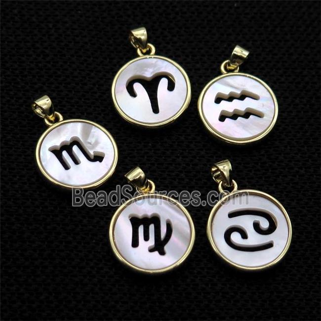 White MOP Shell Circle Pendant Zodiac Mixed Gold Plated