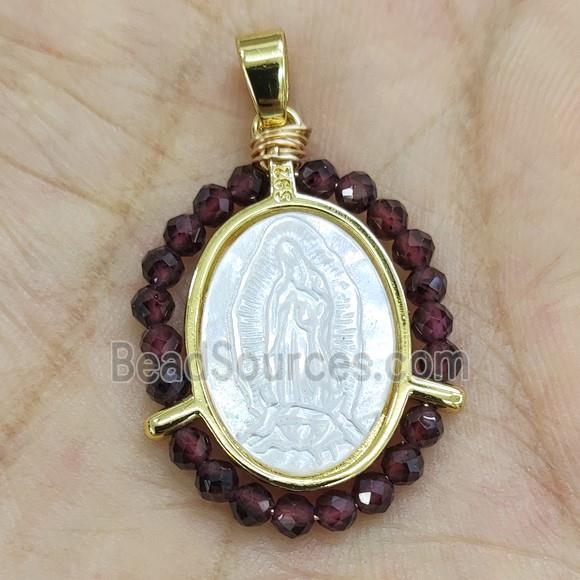 MOP Shell Virgin Mary Pendant With Purple Crystal Glass Gold Plated