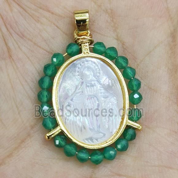 MOP Shell Virgin Mary Pendant With Green Crystal Glass Gold Plated