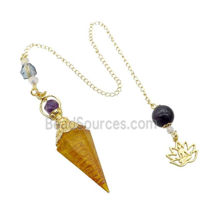 Yellow Citrine Chips Resin Pendulum Pendant Chakra Gold Plated