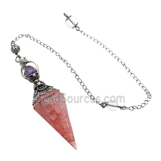 Pink Rose Quartz Chips Resin Pendulum Pendant Antique Silver