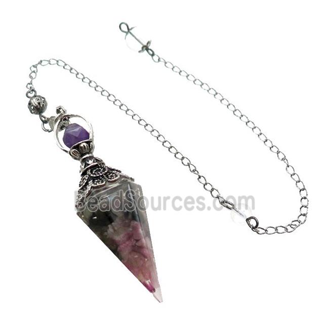 Multicolor Tourmaline Chips Resin Pendulum Pendant Antique Silver