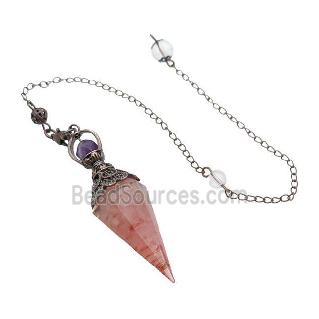 Pink Rose Quartz Chips Resin Pendulum Pendant Antique Red