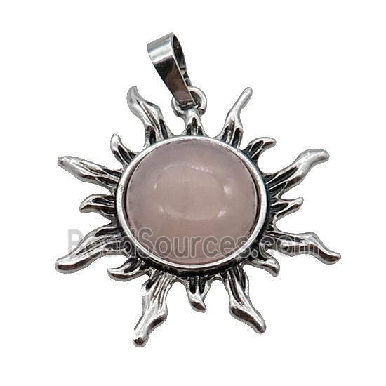 Pink Rose Quartz Sun Alloy Pendant Antique Silver