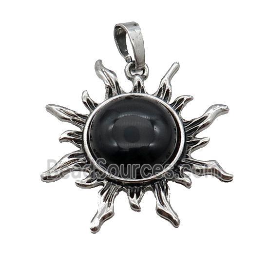 Black Onyx Agate Sun Alloy Pendant Antique Silver