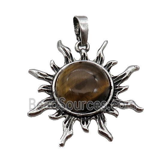 Tiger Eye Stone Sun Alloy Pendant Antique Silver