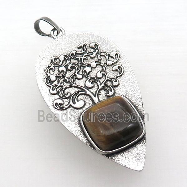 Alloy Arrowhead Pendant Tree Pave Tiger Eye Stone Antique Silver