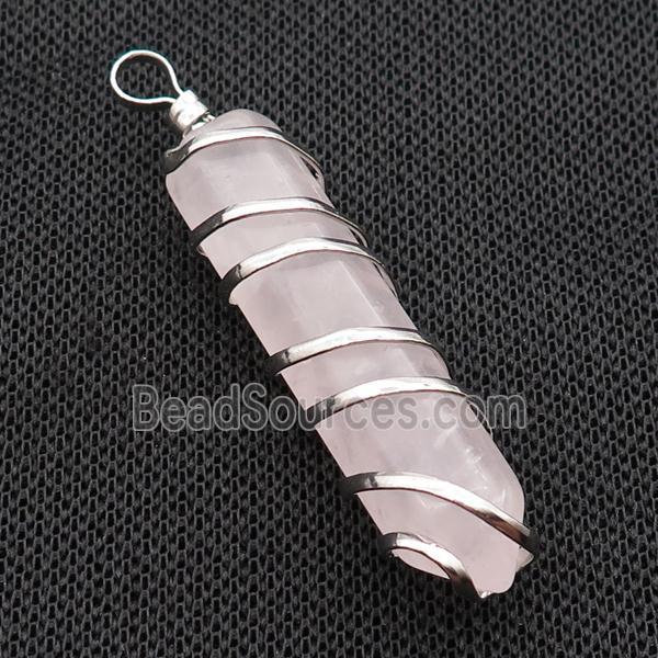 Pink Rose Quartz Bullet Pendant Wire Wrapped