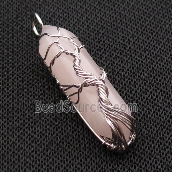 Pink Rose Quartz Bullet Pendant Tree Wire Wrapped