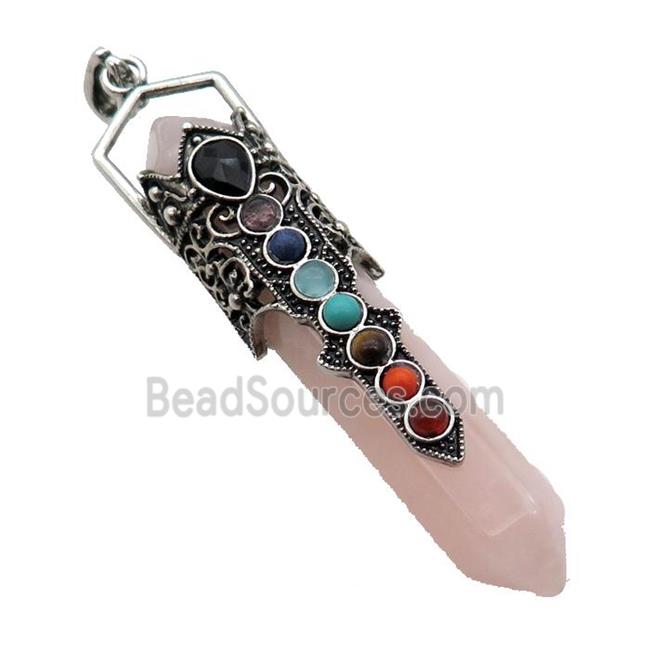 Pink Rose Quartz Prism Pendant Alloy Chakra Antique Silver