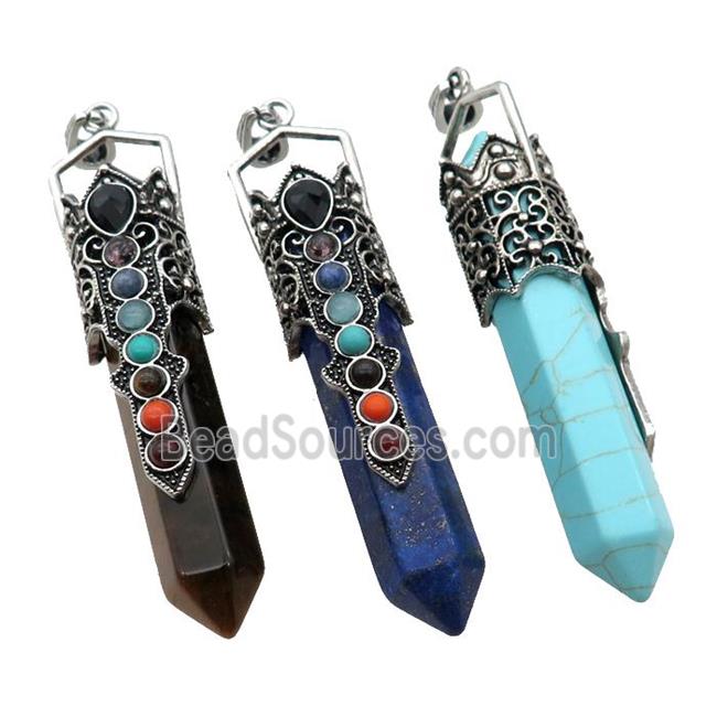 Mix Gemstone Prism Pendant Alloy Chakra Antique Silver