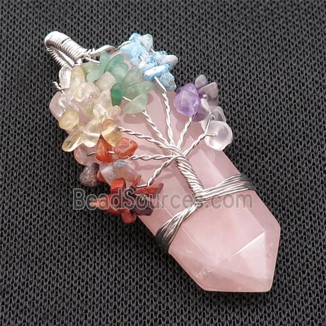 Pink Rose Quartz Bullet Pendant Chakra Tree Wire Wrapped