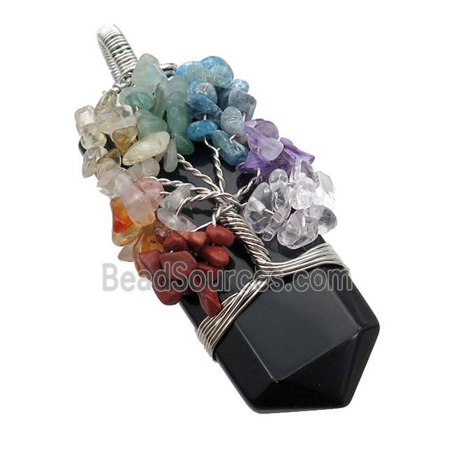 Black Onyx Agate Bullet Pendant Chakra Tree Wire Wrapped