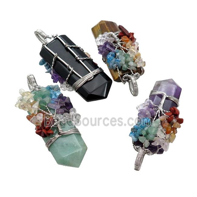 Mix Gemstone Bullet Pendant Chakra Tree Wire Wrapped