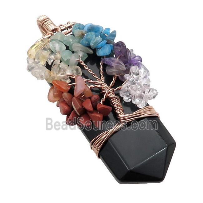 Black Onyx Agate Bullet Pendant Chakra Tree Rose Gold Wire Wrapped