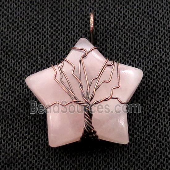 Pink Rose Quartz Star Pendant Tree Wire Wrapped