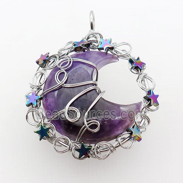 Purple Amethyst Moon Pendant Wire Wrapped