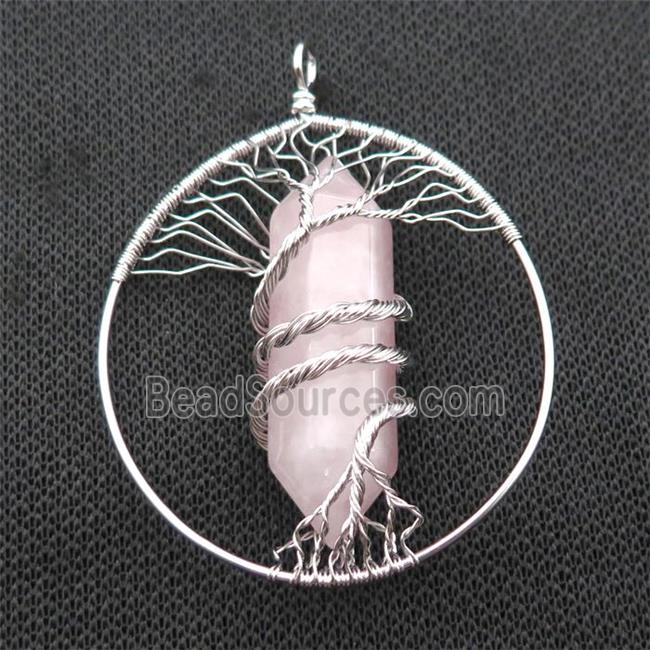 Pink Rose Quartz Tree Of Life Pendant Alloy Wire Wrapped