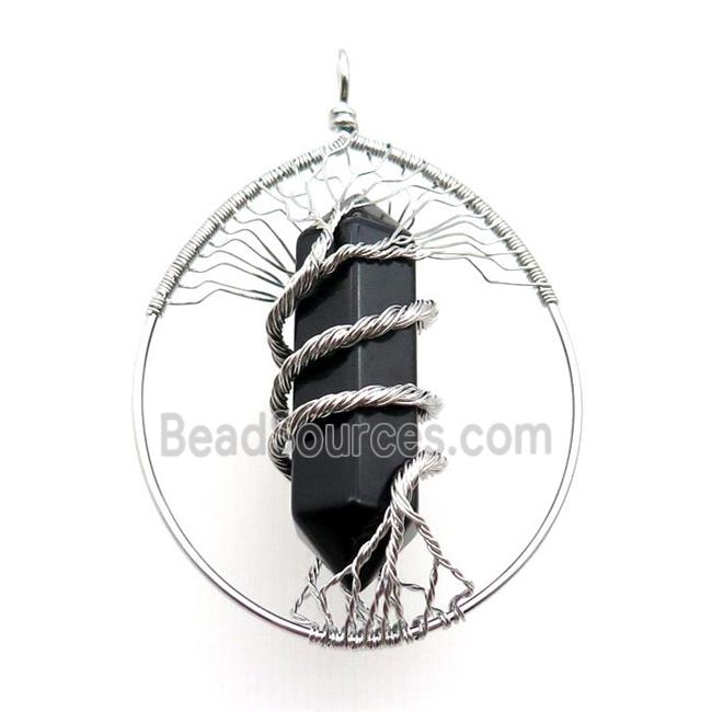 Black Onyx Agate Tree Of Life Pendant Alloy Wire Wrapped