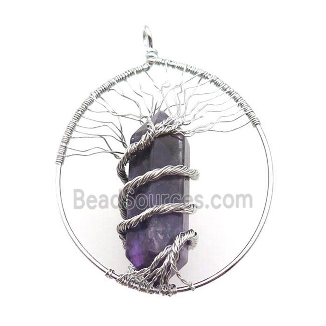 Purple Amethyst Tree Of Life Pendant Alloy Wire Wrapped