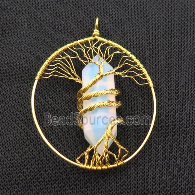 White Opalite Tree Of Life Pendant Alloy Wire Wrapped Gold Plated