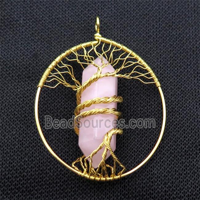 Pink Rose Quartz Tree Of Life Pendant Alloy Wire Wrapped Gold Plated