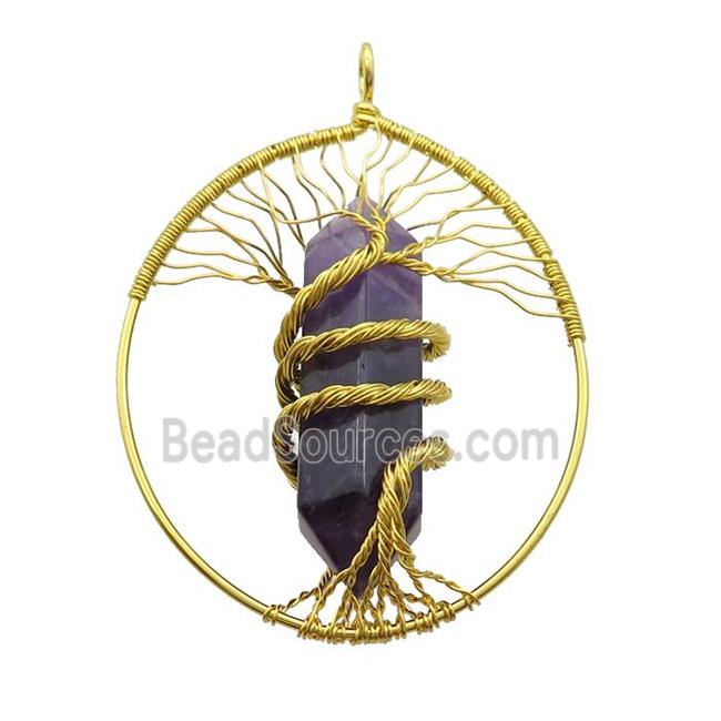 Purple Amethyst Tree Of Life Pendant Alloy Wire Wrapped Gold Plated