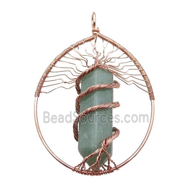 Green Aventurine Tree Of Life Pendant Alloy Wire Wrapped Rose Gold