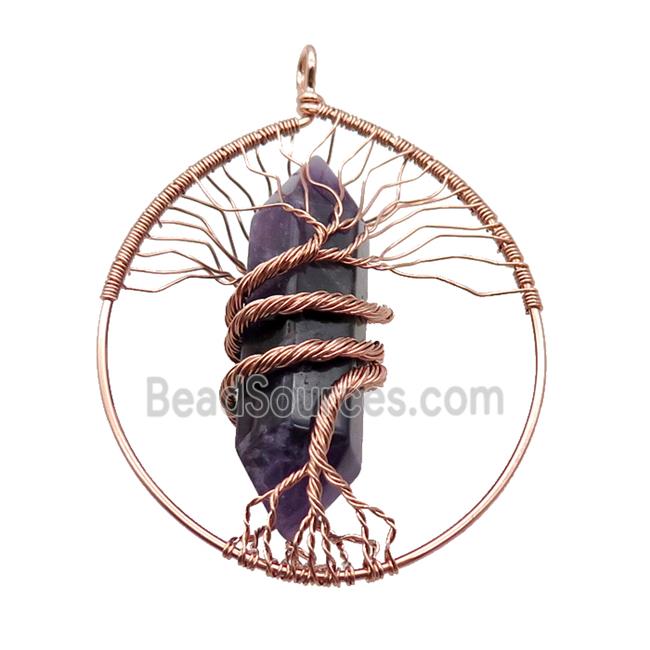 Purple Amethyst Tree Of Life Pendant Alloy Wire Wrapped Rose Gold