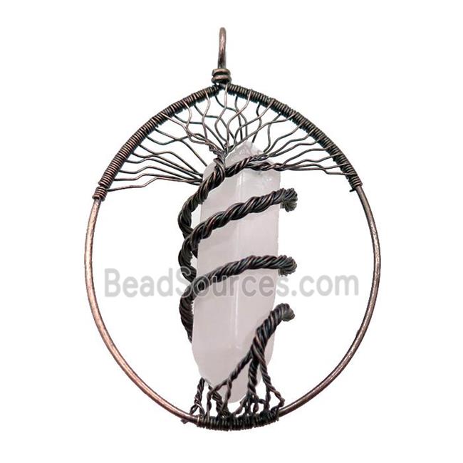 Rose Quartz Tree Of Life Pendant Alloy Wire Wrapped Antique Red