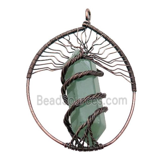 Green Aventurine Tree Of Life Pendant Alloy Wire Wrapped Antique Red