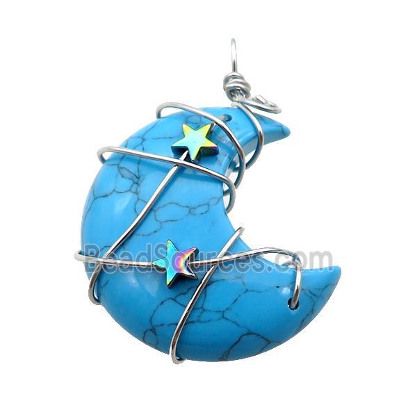 Blue Dye Turquoise Moon Pendant Wire Wrapped