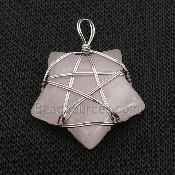 Pink Rose Quartz Star Pendant Wire Wrapped