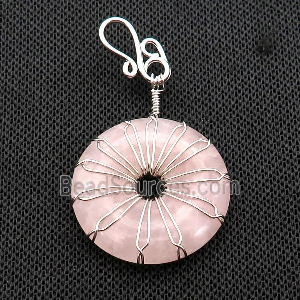 Pink Rose Quartz Donut Pendant Wire Wrapped