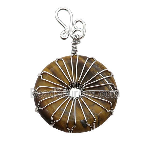 Tiger Eye Stone Donut Pendant Wire Wrapped