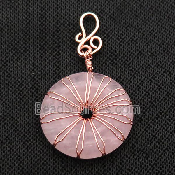 Pink Rose Quartz Donut Pendant Wire Wrapped Rose Gold