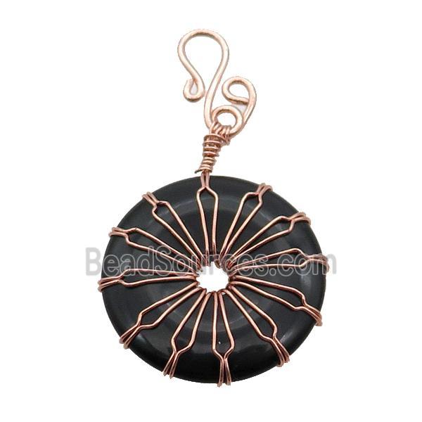 Black Onyx Agate Donut Pendant Wire Wrapped Rose Gold