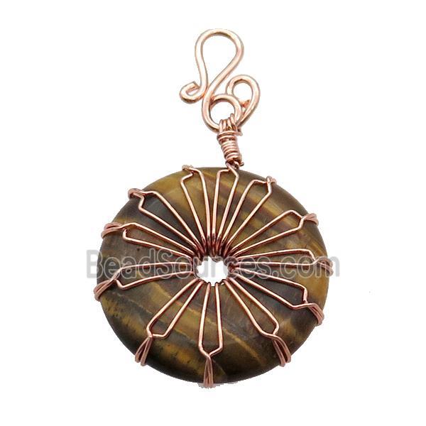 Tiger Eye Stone Donut Pendant Wire Wrapped Rose Gold