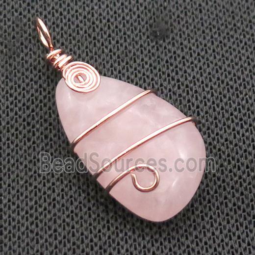 Pink Rose Quartz Teardrop Pendant Wire Wrapped