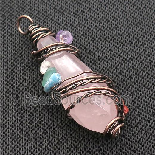 Pink Rose Quartz Teardrop Pendant Wire Wrapped