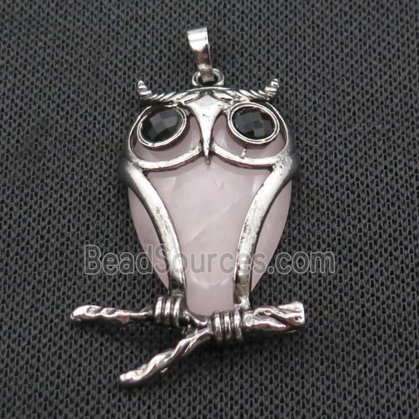 Rose Quartz Owl Pendant Alloy Antique Silver