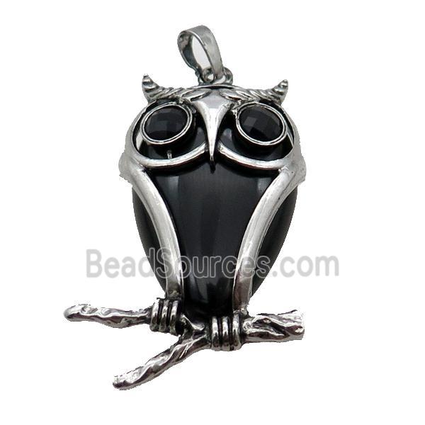 Black Onyx Agate Owl Pendant Alloy Antique Silver