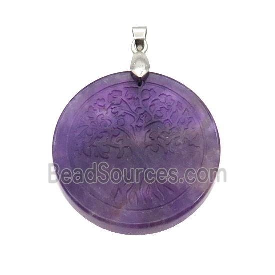 Purple Amethyst Circle Pendant Tree Of Life Craved