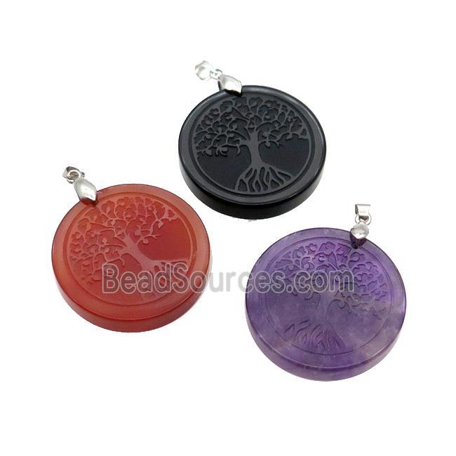 Mix Gemstone Circle Pendant Tree Of Life Craved