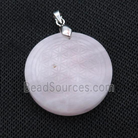 Pink Rose Quartz Circle Pendant Flower Of Life Craved